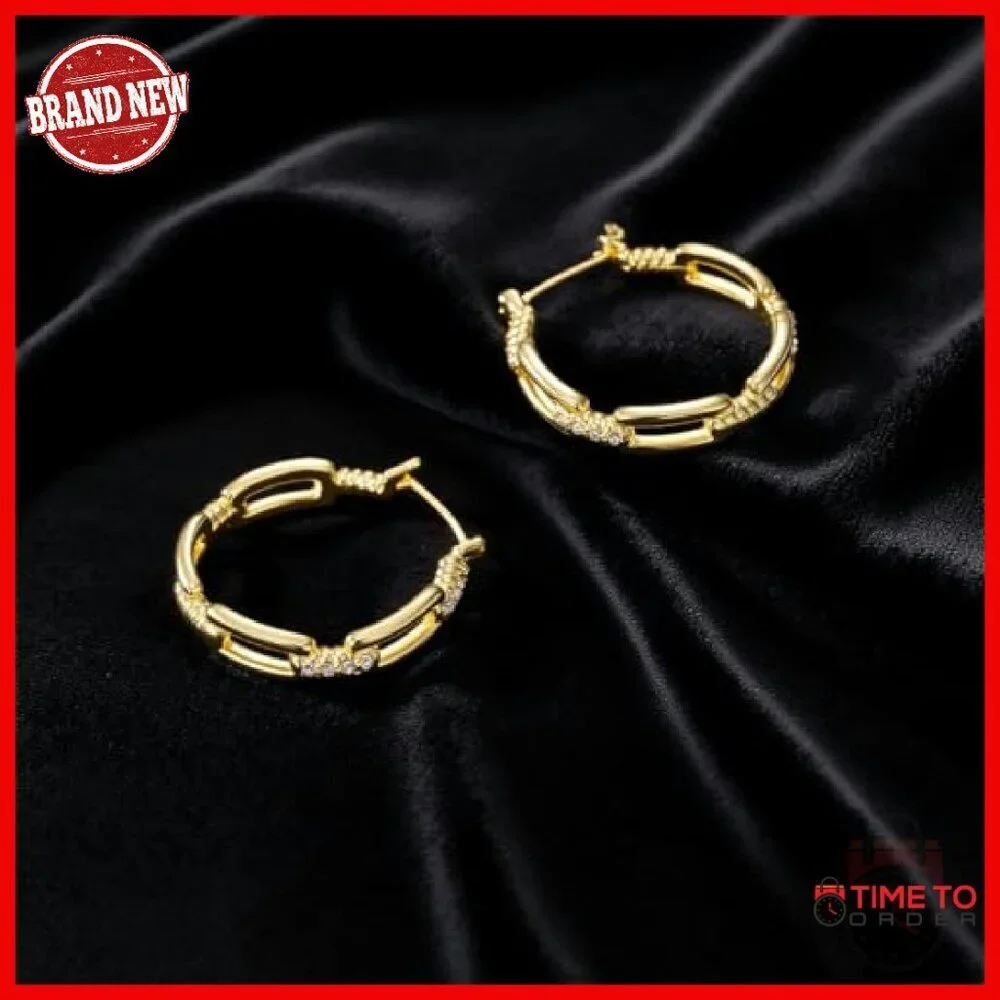 14K Gold Plated Hoop Earrings 30mm Cable Design Zircon Accent
